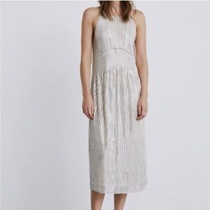 Zara Cream Sequin Striped Midi Sleeveless Dress Size Small